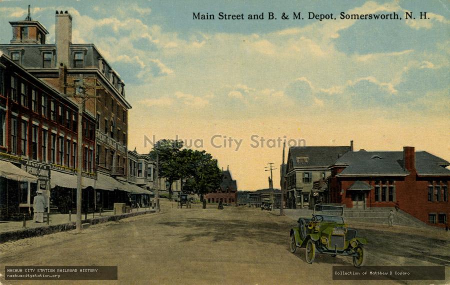 Postcard: Main Street and Boston & Maine Depot, Somersworth, N.H.